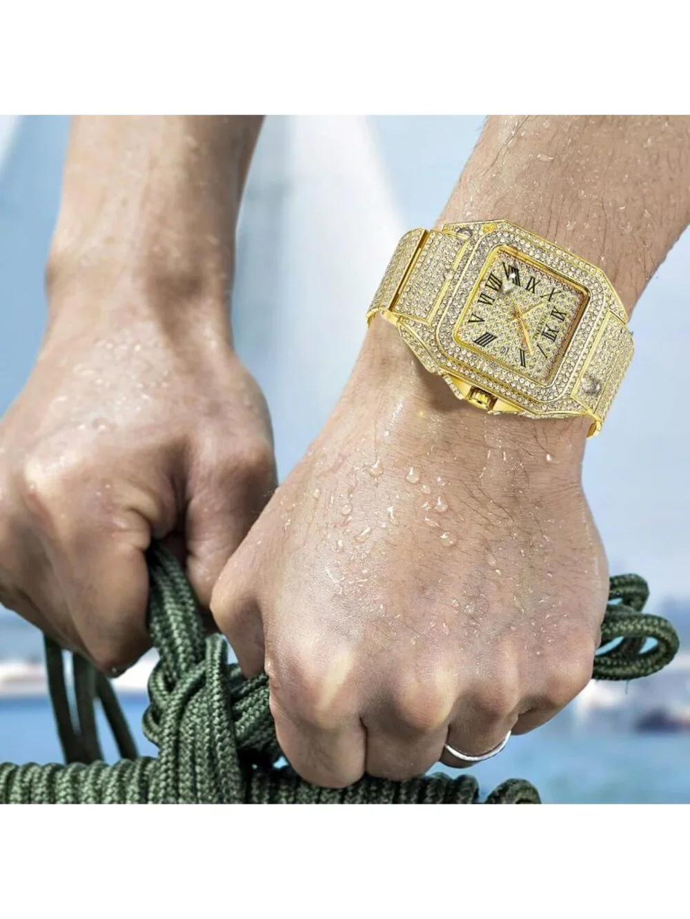 Stylish Hip Hop Men's Bling Crystal Watch - Rectangle Case, Stainless Steel